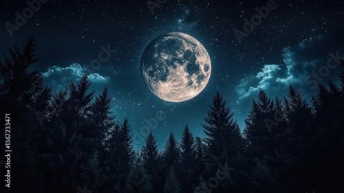 Illuminated Full Moon Shining Over Dark Forest with Starry Night Sky