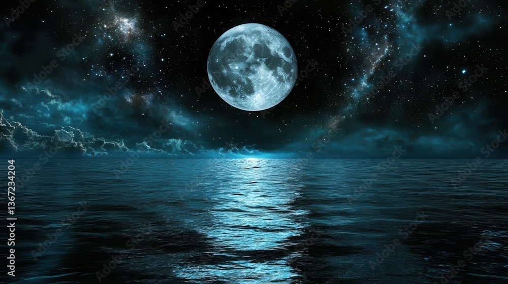 Fototapeta premium Illuminated Moon Over Serene Ocean Waters Reflecting Night Sky Filled With Stars