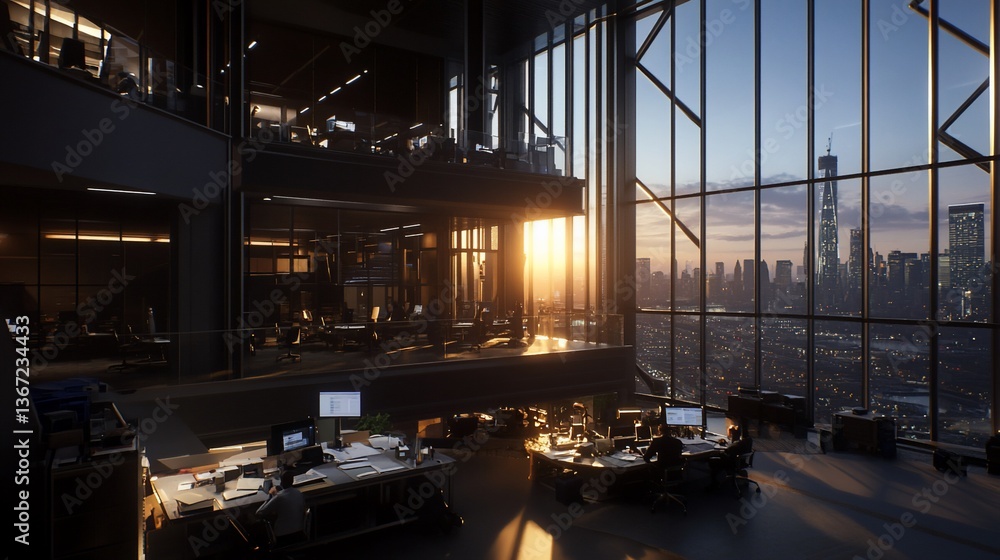 Sunset view, modern office, city skyline, workers Sunset view, modern office, city skyline, workers