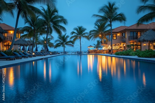 Tropical luxury hotel exterior with illuminated swimming pool and palm trees at night. Reflections of coconut trees and a neon-lit bar create a serene vacation ambiance.