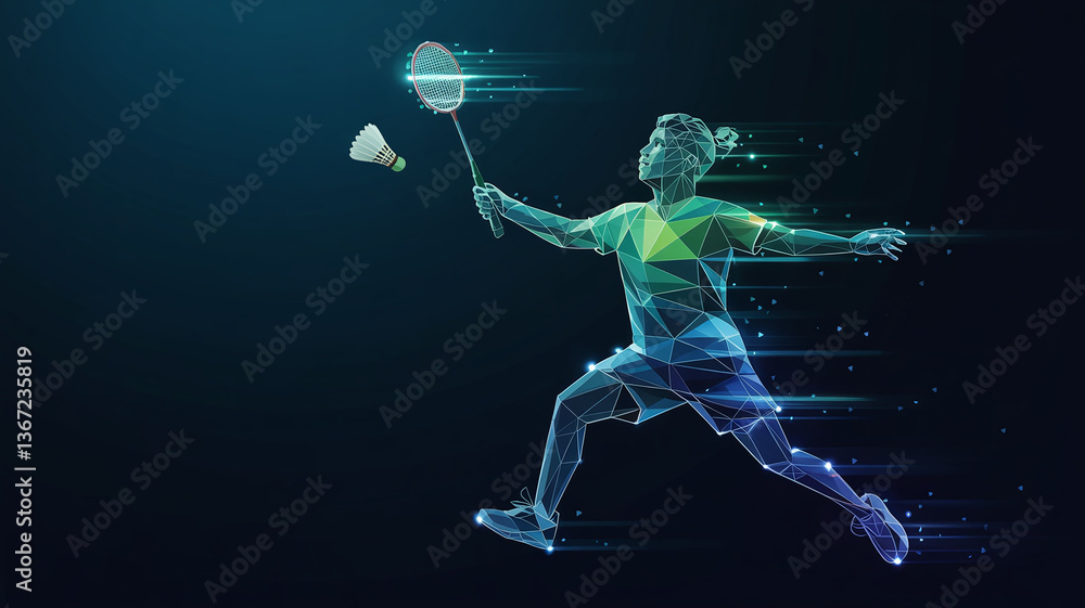 Fototapeta premium Abstract representation of a badminton player in action, visualized using a low polygon design with neon lights, symbolizing precision, agility, and digital dynamism in sports imagery