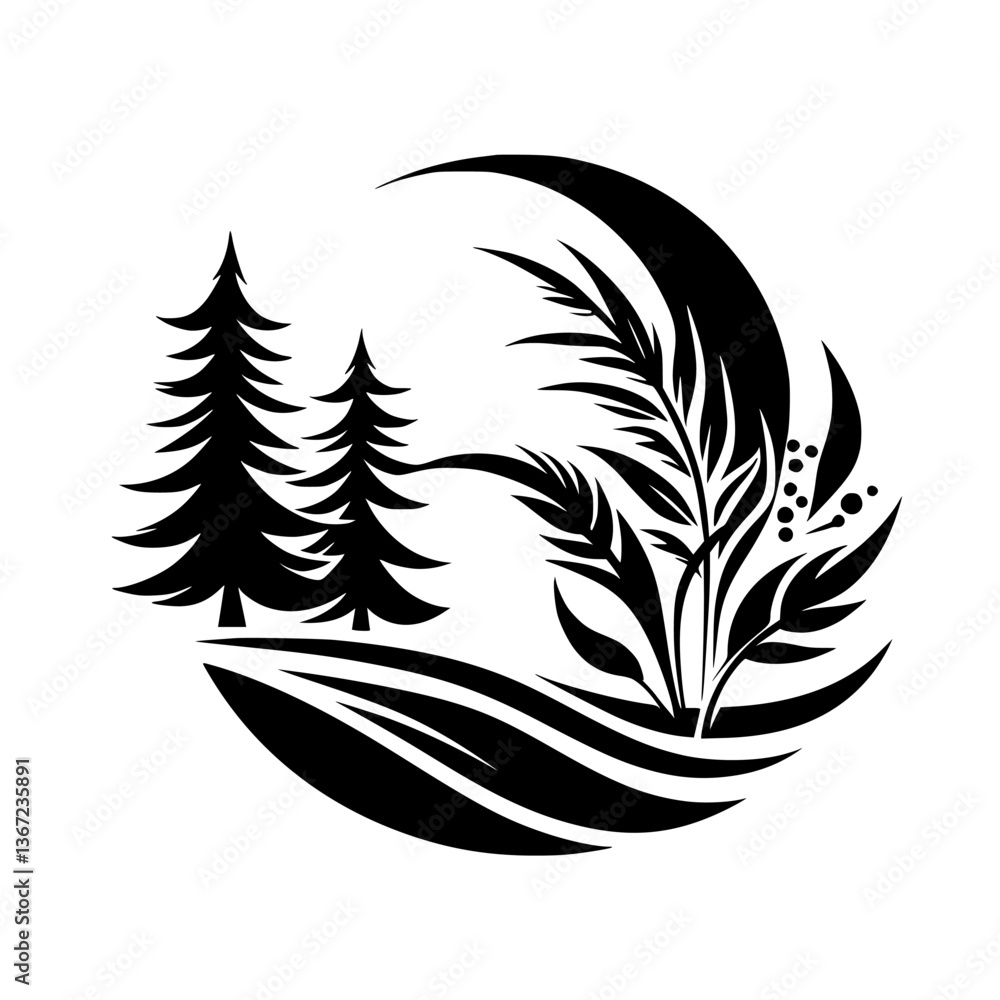 Black and White Nature Emblem: Trees, Plants, and Celestial Elements Black and White Nature Emblem: Trees, Plants, and Celestial Elements