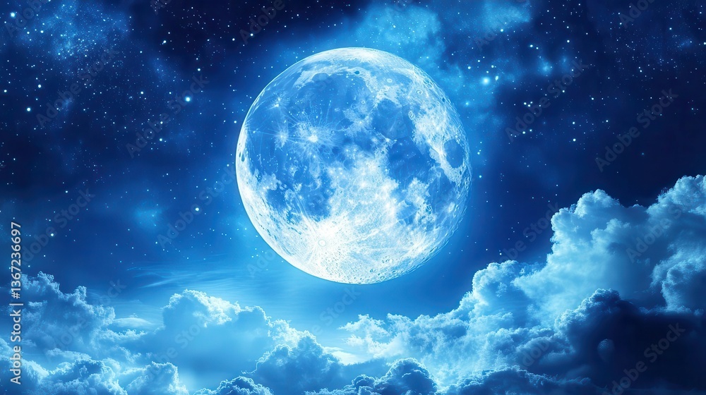 Fototapeta premium Majestic Full Moon Illuminating The Night Sky Filled With Stars And Soft Clouds