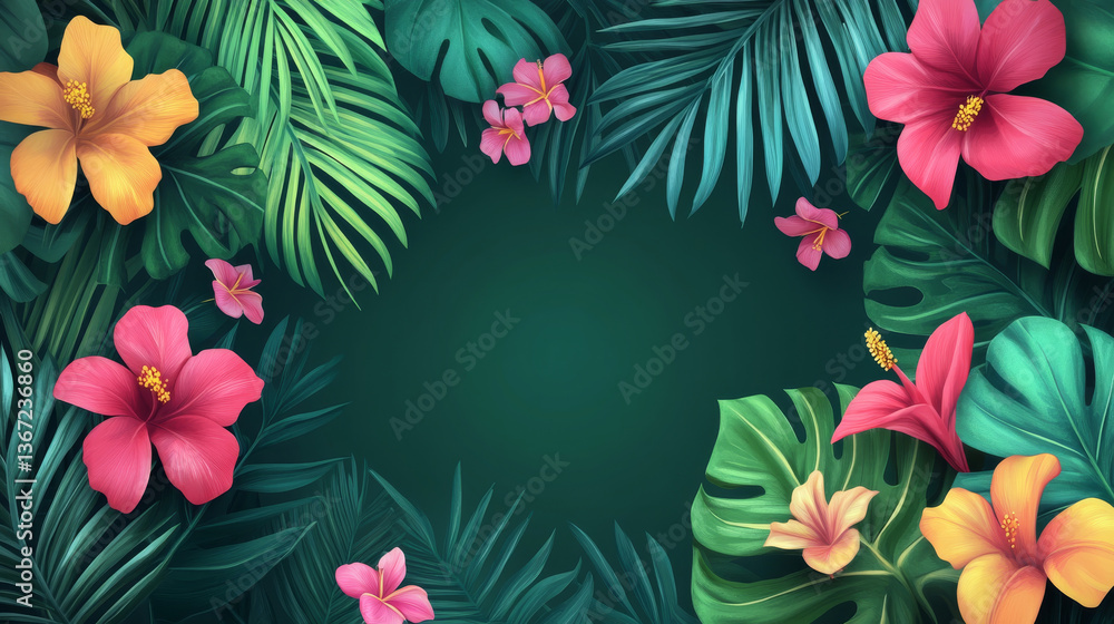 Tropical flowers and leaves create vibrant summer vibe Tropical flowers and leaves create vibrant summer vibe
