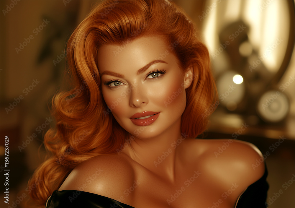 Fototapeta premium Woman with red hair and a tan complexion is smiling and looking at the camera. She is wearing a black dress and has her hair styled in a wavy, elegant manner. Concept of confidence and beauty