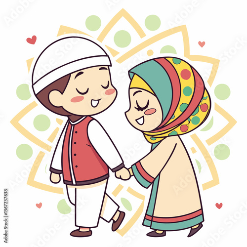 Cute man and women muslim character couple of islamic character cartoon