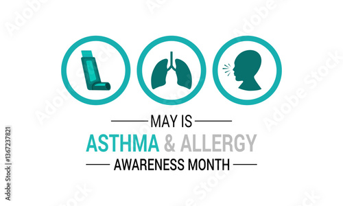 Vector graphic of the theme of asthma and allergy awareness month background design template. Wheezing, coughing, allergic reactions. Realistic ribbon, Stethoscope with Inhalers. Web Banner.