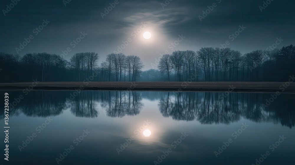 Fototapeta premium Moonlit Night Over a Calm Water Body Reflecting Trees and Clouds in a Serene Landscape