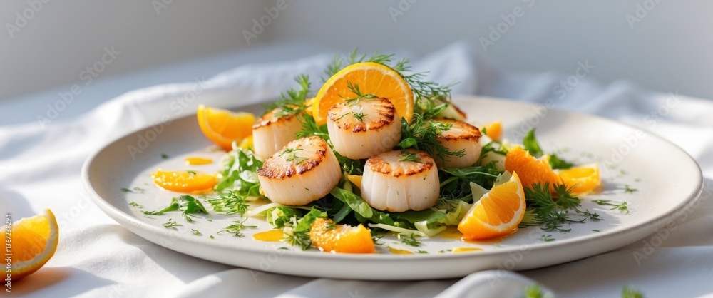 Seared scallops salad with citrus and herbs.