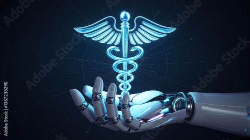The Futuristic Convergence of Medicine and Artificial Intelligence: A Robot Hand Presenting the Caduceus Symbol in a Neon Glow, Showcasing the Innovations in Healthcare Technology and Robotics