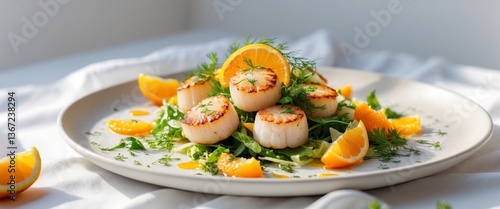Obraz na płótnie Seared scallops salad with citrus and herbs. w salonie