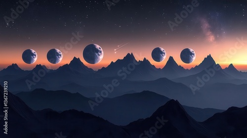 Surreal Cosmic Landscape Featuring Multiple Planets Above Majestic Mountain Peaks at Sunset