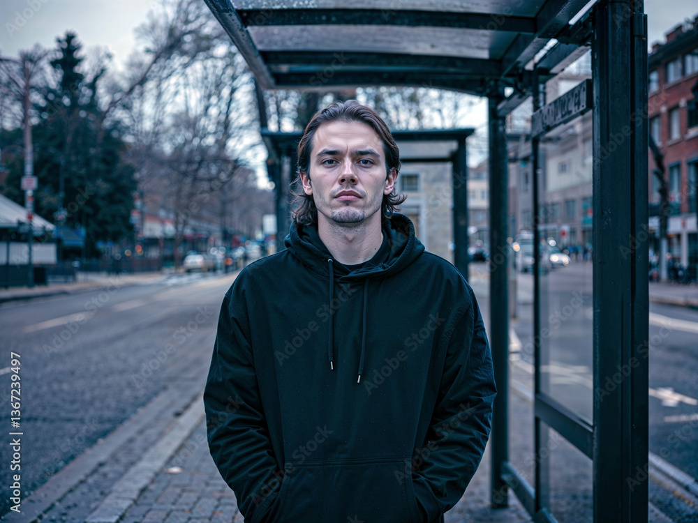 Obraz premium Young man standing confidently at a bus stop in an urban setting 