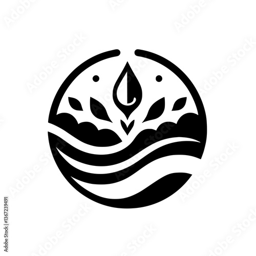 Minimalist Nature Symbol: Waterdrop, Leaves, & Waves in a Circle