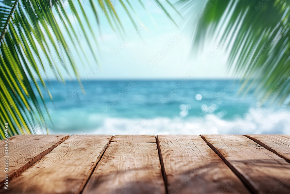 Fototapeta premium Rustic wooden table facing the ocean, framed by palm leaves and sea waves under a bright sky. Perfect for tropical product mockups and summer-themed branding