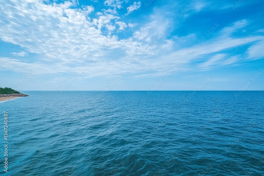 Obraz premium Landscape beautiful summer panorama wide horizon look viewpoint shore open sea beach cloud clean and blue sky background calm nature ocean wave water nobody travel at thailand chonburi sun day time