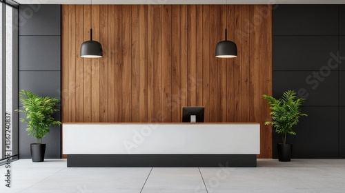 Modern reception area with wooden accents, sleek design, plants, and minimalistic decor in contemporary office setting