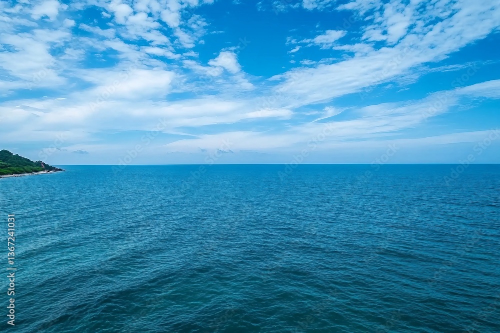 Fototapeta premium Landscape beautiful summer panorama wide horizon look viewpoint shore open sea beach cloud clean and blue sky background calm nature ocean wave water nobody travel at thailand chonburi sun day time