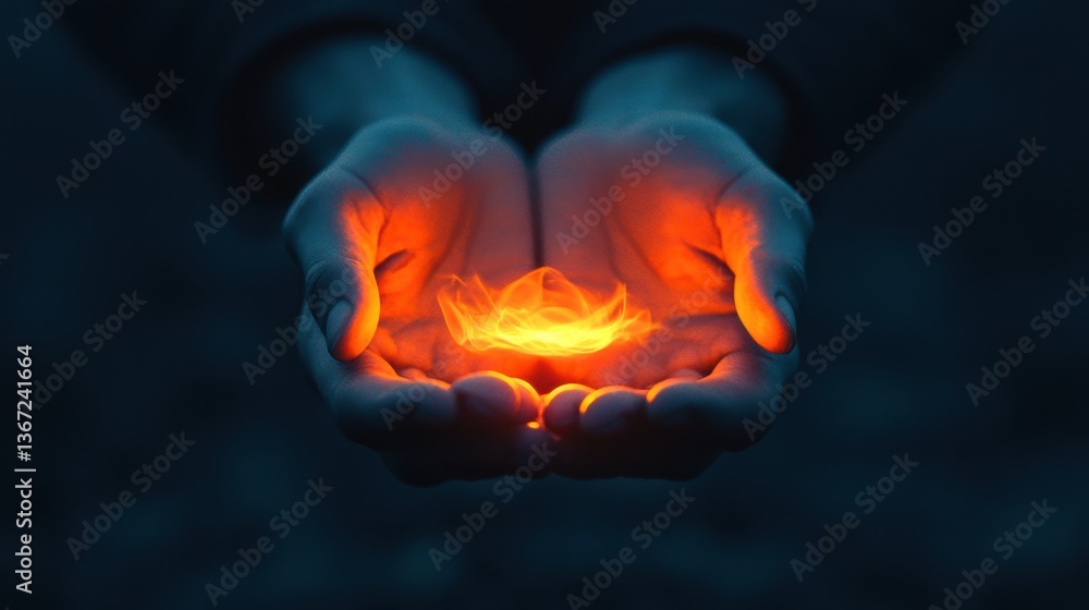 Hands Holding Bright Flame with Abstract Smoke in Dark Background for Concept of Power and Energy Hands Holding Bright Flame with Abstract Smoke in Dark Background for Concept of Power and Energy