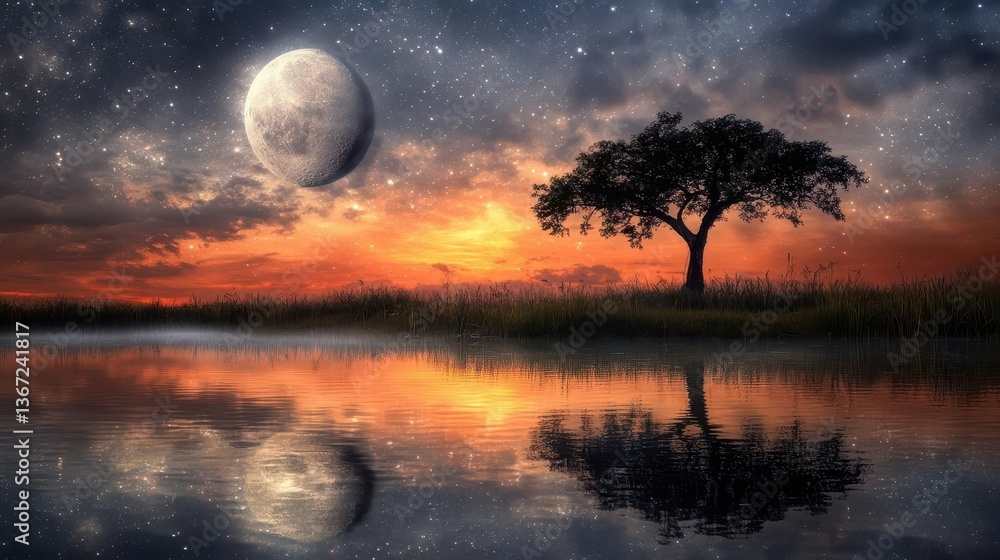 Stunning Sunset Reflection with Silhouette of a Tree and Full Moon in a Calm Landscape Stunning Sunset Reflection with Silhouette of a Tree and Full Moon in a Calm Landscape