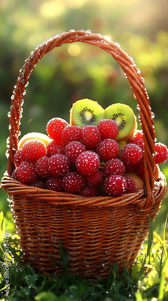 A wicker basket overflows with assorted fresh fruits in sunlight