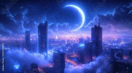 Urban Nightscape with Glowing Skyscrapers and a Crescent Moon Under Starry Sky