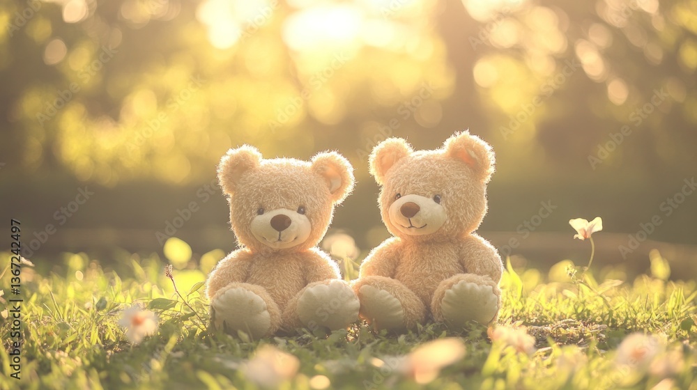 Two teddy bears sitting in a sunny park Two teddy bears sitting in a sunny park