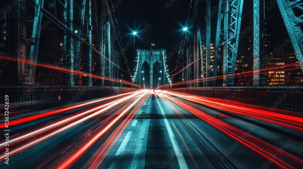 Fototapeta premium Illuminated bridge at night with blurred traffic lights creating dynamic motion