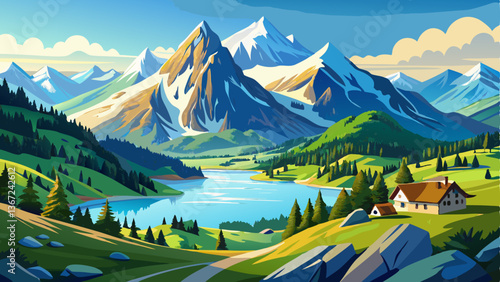 vector of breathtaking view of the Swiss Alps with snow-capped peaks and serene mountain lakes