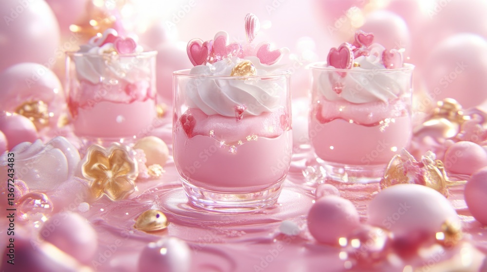 Pink dessert cups, hearts, sweets, Valentine's Day scene Pink dessert cups, hearts, sweets, Valentine's Day scene