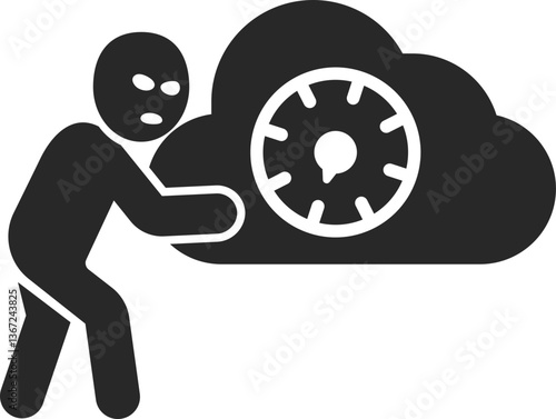 Cloud data theft solid icon with masked robber unlocking secure cloud storage, vector.