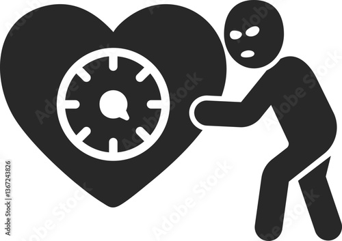 Heart hacking solid icon with masked thief stealing private data from locked heart, vector.