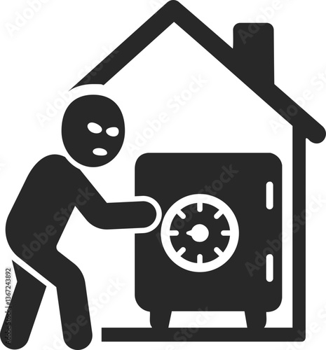 Home burglary solid icon with masked robber unlocking safe vault inside house, vector.