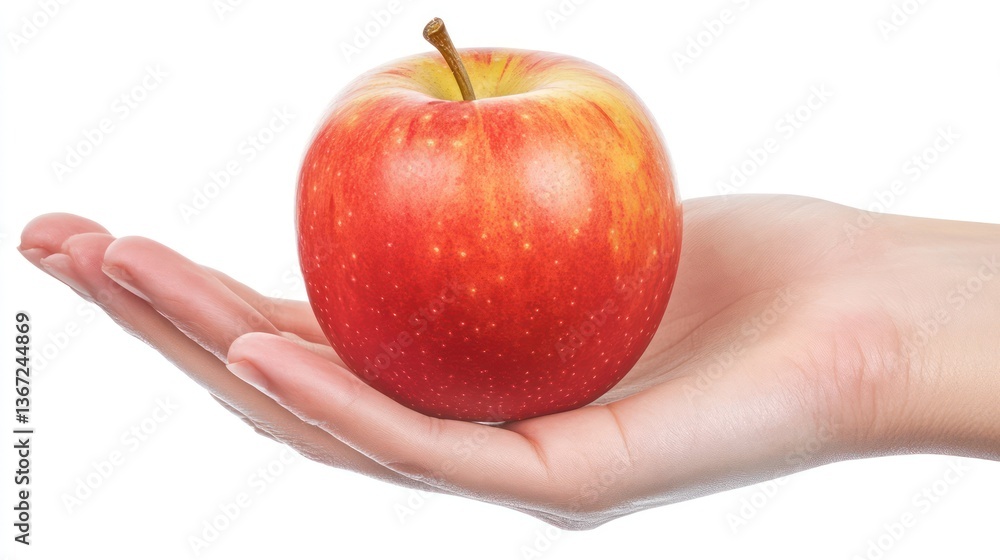 Red apple in hand, white background, healthy eating Red apple in hand, white background, healthy eating