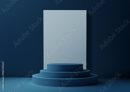 Modern luxury blue tiered podium minimalist 3D scene for product display mockup, showroom showcase, dark blue background, elegant design