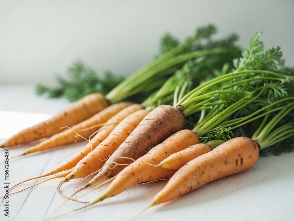 Freshly harvested carrots are displayed with green leafy tops Freshly harvested carrots are displayed with green leafy tops