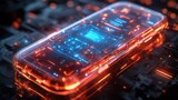 This futuristic transparent smartphone features a vibrant holographic interface illuminated by a neon blue glow. Set against a dark background, it emphasizes innovation and design in technology.