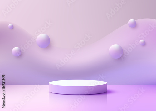 minimalist purple white podium modern texture liquid wavy background abstract floating spheres product display mockup