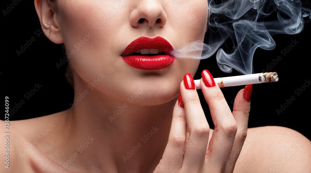 Obraz premium Close Up of a Woman with Red Lipstick Smoking a Cigarette Against a Black Background, Smoke Concept
