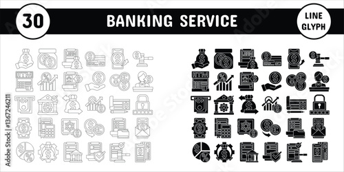 Banking Service Line Glyph Vector Illustration Icon Sticker Set Design Materials