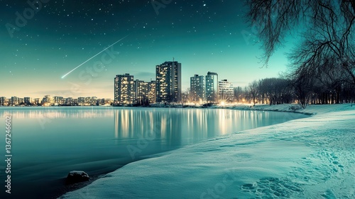 Winter Night Scene with City Skyline Reflections on a Frozen Lake Under Starry Sky