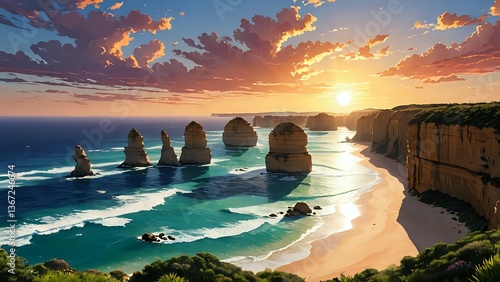 Rock Formations at Sea with Cliff Landscape During Sunset Artwork