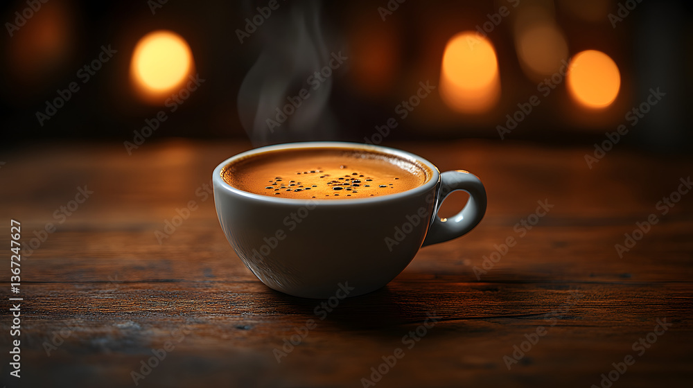 Obraz premium white coffee cup with a brown foam on top and a few coffee beans on the table