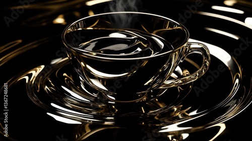 Glass coffee cup steaming on a golden surface