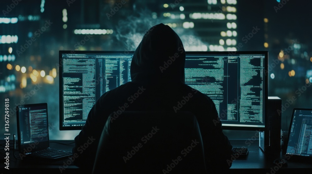 Hacker at Night, Cityscape Background Hacker at Night, Cityscape Background