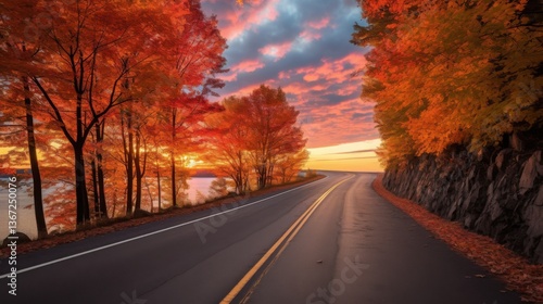 A road stretches toward the horizon, bordered by trees transitioning from green to brilliant red and orange as sunset casts vivid colors across the sky, creating an enchanting atmosphere.