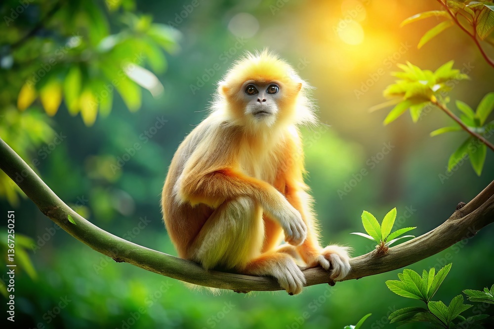 Fototapeta premium Adorable Golden Langur Monkey in Lush Green Forest - Tilt-Shift Photography