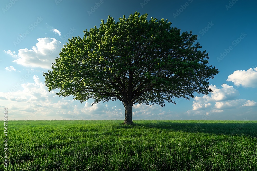 Obraz premium A large green tree stands alone on a grassy field