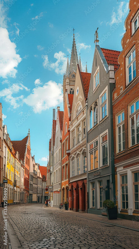 Obraz premium Historic Gothic Cathedral Tower in Prague Old Town Square with Brick Architecture and Medieval Castle Skyline