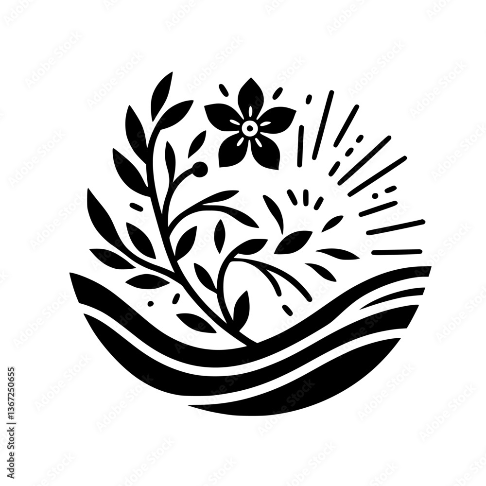Fototapeta premium Black and White Botanical Circle: Minimalist Design with Flower and Leaves